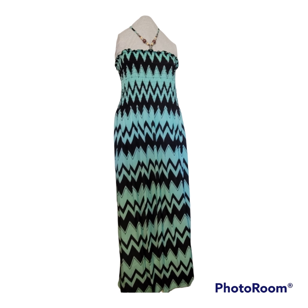 Woman's Plus Size Maxi Halter Dress 2X 3X with Shirred Bodice and Beaded Halter